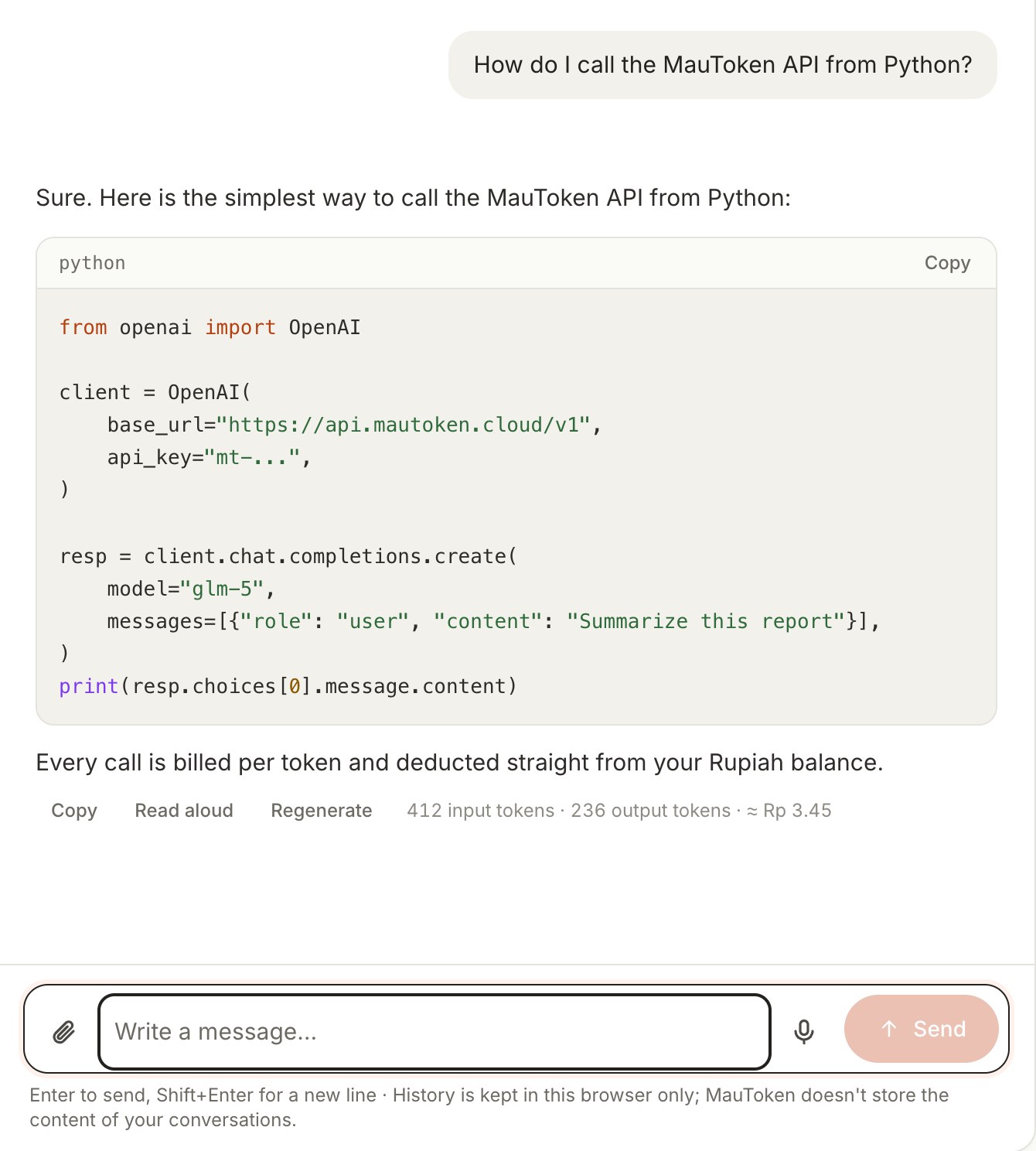 A MauToken chat conversation: a question, an answer with a Python code sample, and the message box