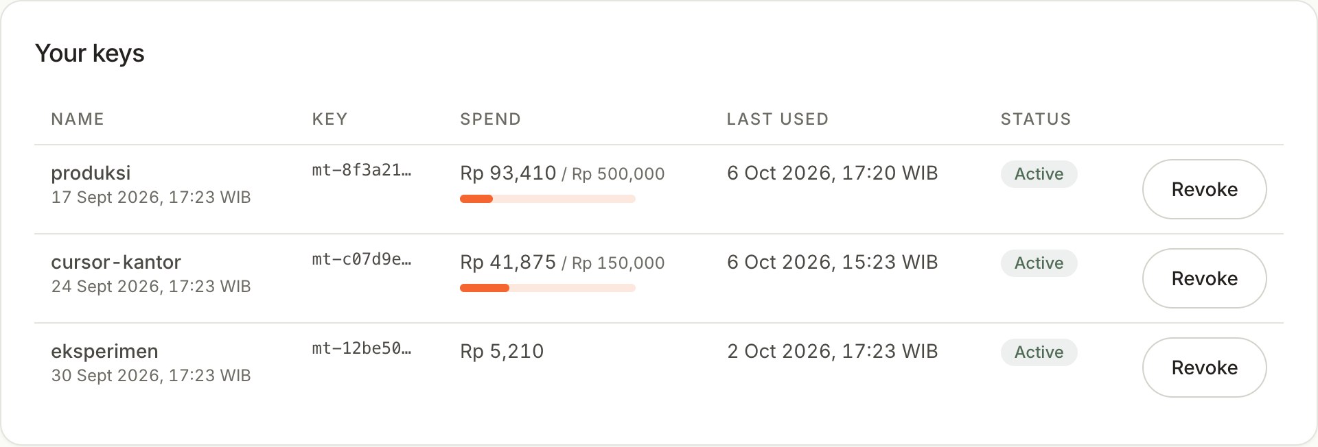 List of API keys with a spend meter against each key's limit